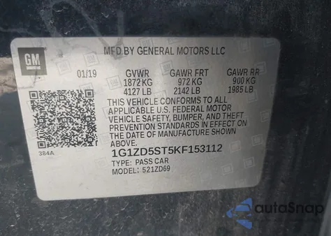 2019 Chevrolet Malibu Lt z USA, uszkodzony, nr VIN 1G1ZD5ST5KF153112